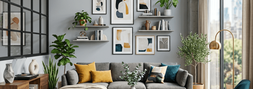 Modern living room with grey sectional sofa, abstract artwork, round coffee table, and blue armchair