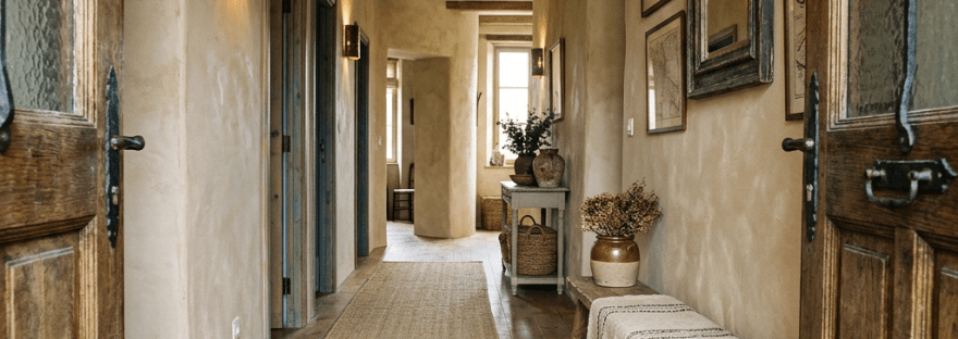 Hallway with wooden floor, exposed beams, bench with vase, and wall decorations