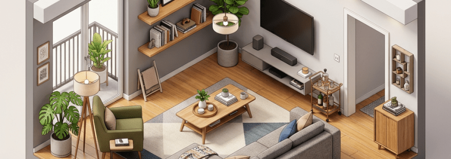 Cozy modern living room with sofa, coffee table, TV, plants, and balcony