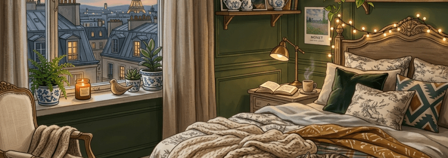 Cozy bedroom with plants, string lights, a sleeping cat, and a window showing a snowy forest view.