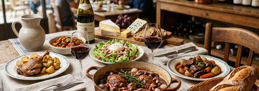 Rustic French dining table with roasted chicken, salad, cheese, wine, bread, and stews