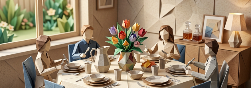 Paper art figures of a family sitting around a dining table with plates, utensils, and a flower centerpiece in a geometric room