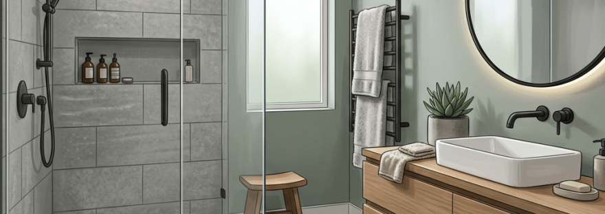 Modern bathroom with glass shower, wooden vanity, round mirror, and towel rack
