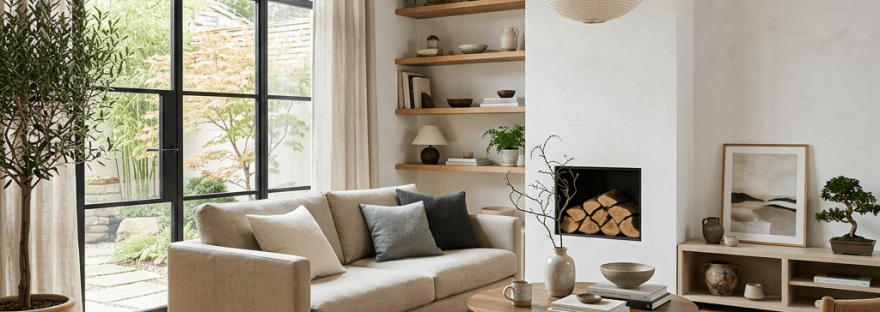 Living room with beige sofa, wooden coffee table, armchair, indoor plants, wooden beams, large window, and fireplace.