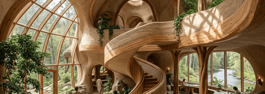 Interior of an eco-friendly communal space with curved wooden staircase, large arched windows, and plants.