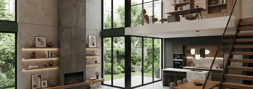 Spacious modern living room with L-shaped sofa, fireplace, kitchen, and upstairs office