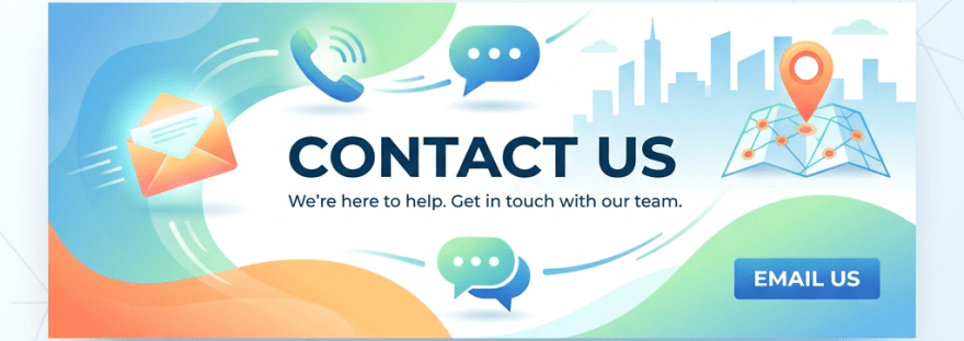 Contact us banner featuring phone, email, chat icons, and location map with call to action button saying Email Us