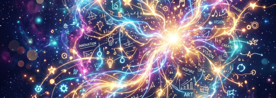 Colorful abstract cosmic illustration with words like curiosity, innovation, vision, and discovery