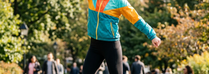 Woman in colorful jacket and running shoes jumping outdoors in a city park