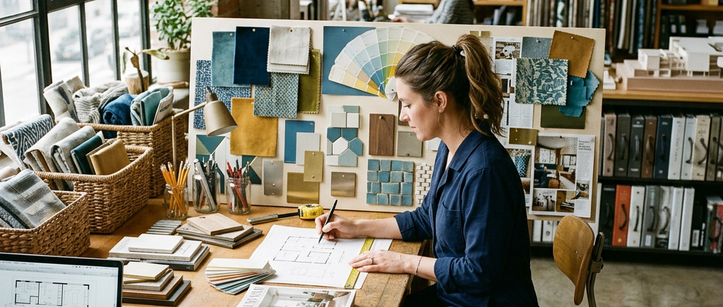Interior designer drawing floor plans at a desk with fabric samples and color swatches