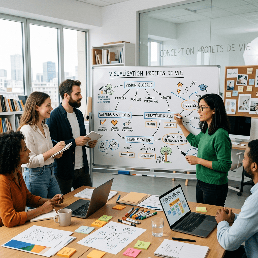 Team discussing life project visualization diagram on whiteboard in office meeting