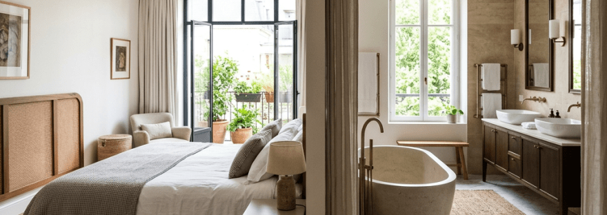 Bedroom with bed, armchair, and open double doors leading to bathroom with freestanding bathtub and double sinks
