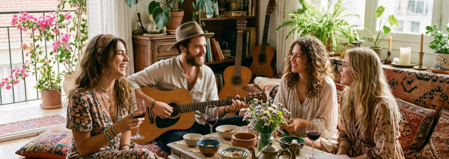 Four friends sitting in a warmly decorated living room with plants, enjoying music and drinks together