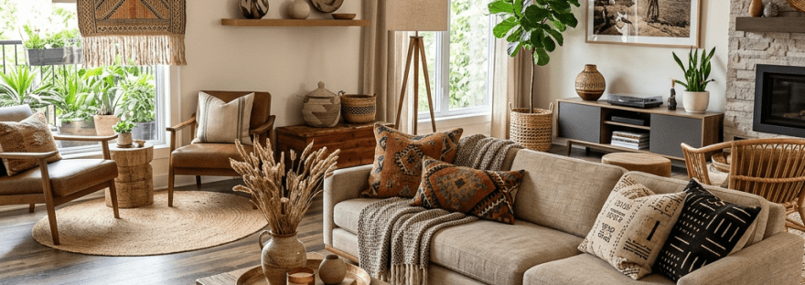 Cozy living room featuring beige sofa with patterned pillows, wooden coffee table, decorative wall art, and indoor plants